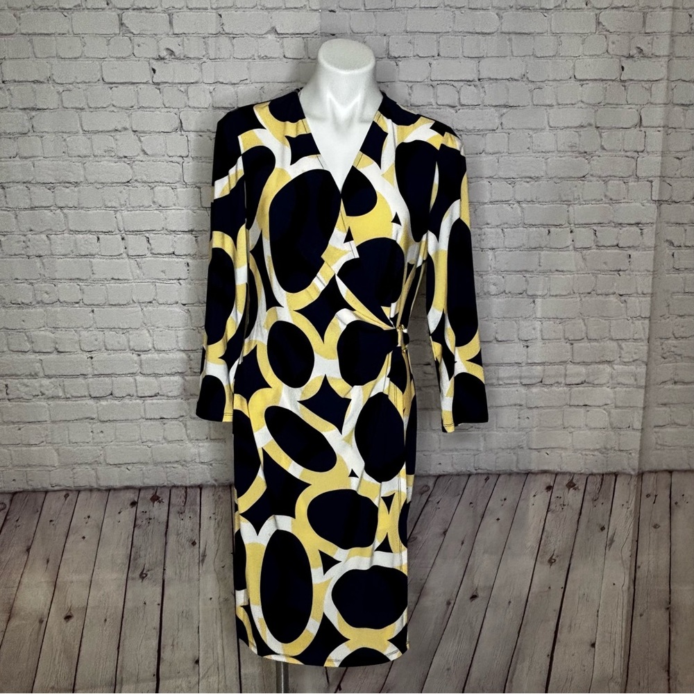 Kasper Abstract Swirl Dress with Navy Blue and Yellow Pattern Size L